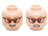 Light Nougat Minifigure, Head Dual Sided Female Glasses Red Angled Frames, Dark Tan Eyebrows with Open Smile / Angry Pattern (Bernadette) - Hollow Stud
