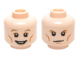 Light Nougat Minifig, Head Dual Sided Dark Tan Eyebrows, White Pupils, Cheek Lines with Open Mouth Smile / Determined Pattern - Stud Recessed