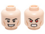 Light Nougat Minifig, Head Dual Sided Black Eyebrows, Cheek Lines, Chin Dimple, Open Mouth Smirk / Bared Teeth with Red Eyes Pattern (Hyperion) - Stud Recessed