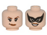 Light Nougat Minifig, Head Dual Sided Female Dark Brown Pointed Eyebrows, Smirk / Mask Black Pointed with Eye Holes, Smile Pattern (Catwoman) - Stud Recessed