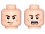 Light Nougat Minifig, Head Dual Sided Brown Eyebrows, Cheek Lines, Chin Dimple and Crooked Smile / Open Mouth Grimace Pattern - Stud Recessed