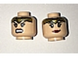 Light Nougat Minifig, Head Dual Sided Female Gold Tiara, Black Eyebrows, Eyelashes, Red Lips, Lopsided Smile / Angry Pattern - Stud Recessed