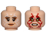 Light Nougat Minifig, Head Dual Sided Female, Peach Lips, White Tribal Tattoos, Smile / Red Tribal Tattoos, Angry Pattern (SW Naare) - Stud Recessed