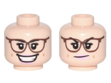 Light Nougat Minifigure, Head Dual Sided Female Reddish Brown Glasses, Bright Pink Lips, Open Smile / Smirk Pattern (Abby Yates) - Hollow Stud