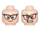 Light Nougat Minifigure, Head Dual Sided Black Glasses, Dark Tan Eyebrows, Stubble Beard, Smile / Red Eyes, Angry Pattern (Kevin Beckman) - Hollow Stud