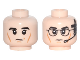 Light Nougat Minifig, Head Dual Sided Black Eyebrows and Cheek Lines, Left Eyebrow Raised / Black Glasses and Headset with Microphone Pattern - Stud Recessed