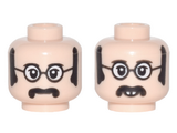 Light Nougat Minifigure, Head Dual Sided Black Glasses with White Lenses, Sideburns and Moustache, Neutral / Smiling Pattern (John) - Hollow Stud