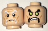 Light Nougat Minifig, Head Dual Sided White and Gray Eyebrows, Moustache Fu Manchu, Wrinkes / Lime Eyes, Black Eyebrows, Moustache Fu Manchu Pattern - Stud Recessed