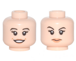 Light Nougat Minifig, Head Dual Sided Female Black Eyebrows and Long Eyelashes, Peach Lips, Open Smile / Closed Mouth, Eyebrow Raised Pattern - Stud Recessed