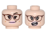 Light Nougat Minifig, Head Dual Sided Female, Reddish Brown Glasses, Bright Pink Lips, Crooked Smile and Raised Eyebrow / Open Mouth Angry Pattern - Stud Recessed
