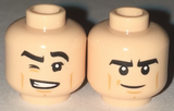 Light Nougat Minifig, Head Dual Sided Black Eyebrows, Tan Cheek Lines, Winking with Grin with Teeth / Determined Pattern - Stud Recessed