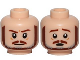 Light Nougat Minifig, Head Dual Sided Brown and Gray Beard, Brown Eyebrows, Moustache, White Pupils, Frown / Scared Pattern (SW Qui-Gon) - Stud Recessed