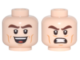 Light Nougat Minifig, Head Dual Sided Thick Dark Brown Eyebrows, Dark Orange Cheek Lines, Open Mouth Smile / Bared Teeth Angry Pattern (Kite Man) - Stud Recessed