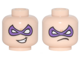 Light Nougat Minifig, Head Dual Sided Dark Purple Pointed Eye Mask, Crooked Mouth Grin / Frown Pattern (Riddler) - Stud Recessed