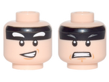 Light Nougat Minifig, Head Dual Sided Black Headband, White Eyebrows and Crooked Smile / Gray Eyebrows and Clenched Teeth Pattern (Batman) - Stud Recessed