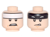 Light Nougat Minifig, Head Dual Sided, White Headband and Worried / Black Headband and White Eyebrows, Disgusted Pattern (Batman) - Stud Recessed