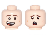 Light Nougat Minifig, Head Dual Sided Brown Eyebrows, Dark Tan Dimples, Lopsided Smile / Scared Pattern - Stud Recessed