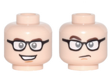 Light Nougat Minifig, Head Dual Sided Dark Brown Eyebrows, Black Glasses with White Lenses, Open Mouth Smile / Closed Mouth, Raised Eyebrow Pattern - Stud Recessed