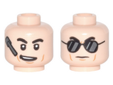 Light Nougat Minifig, Head Dual Sided Black Eyebrows, Cheeklines, Headset and Crooked Smile / Black Sunglasses with Reflections Pattern - Stud Recessed