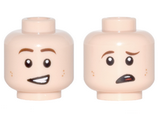 Light Nougat Minifig, Head Dual Sided Brown Eyebrows, Dark Tan Dimples, Crooked Smile / Crooked Frown, Worried Pattern - Stud Recessed