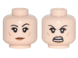 Light Nougat Minifig, Head Dual Sided Female Black Eyebrows, Dark Orange Cheeklines and Lips, Eyebrow Raised / Open Mouth Angry Pattern - Stud Recessed
