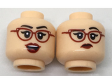 Light Nougat Minifig, Head Dual Sided Female Dark Red Glasses and Lips, Quizzical / Excited Pattern - Stud Recessed