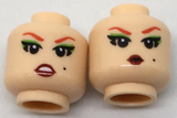 Light Nougat Minifig, Head Dual Sided Female Red Eyebrows, Green Eyeshadow, Worried / Pursed Lips Pattern - Stud Recessed