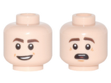 Light Nougat Minifig, Head Dual Sided Dark Brown Eyebrows, Open Mouth Smile / Raised Eyebrows, Open Mouth with Red Tongue Apprehensive Pattern - Stud Recessed