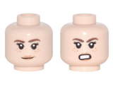 Light Nougat Minifigure, Head Dual Sided PotC Female Reddish Brown Eyebrows, Dark Orange Freckles and Lips, Slight Smile / Bared Teeth Angry Pattern - Hollow Stud