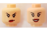 Light Nougat Minifig, Head Dual Sided Female Black Eyebrows, Eyelashes, Red Lips, Annoyed / Open Mouth Smile Pattern - Stud Recessed