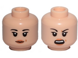 Light Nougat Minifig, Head Dual Sided Female Black Eyebrows, Light Orange Lips and Beauty Mark, Neutral / Angry Pattern (SW Rose) - Stud Recessed