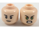 Light Nougat Minifig, Head Dual Sided Black Eyebrows, Neutral / Green Eyes Angry Pattern - Stud Recessed