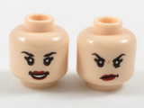 Light Nougat Minifig, Head Dual Sided Female, Black Eyebrows, Red Lips, Smile / Raised Eyebrows and Scowl Pattern