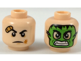 Light Nougat Minifig, Head Dual Sided with Bandaged Brow and Bruised Cheek / Green Hulk Mask Pattern - Stud Recessed