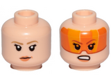 Light Nougat Minifig, Head Dual Sided Female Dark Tan Eyebrows, Orange Lips, Frown Pattern / Orange Visor, Angry (SW Resistance A-wing Pilot) - Stud Recessed