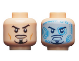 Light Nougat Minifig, Head Dual Sided, Black Eyebrows and Goatee, Raised Eyebrow / Light Blue Heads Up Display Pattern - Stud Recessed