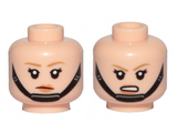 Light Nougat Minifig, Head Dual Sided Female, Black Chin Strap, Dark Tan Eyebrows, Disgusted / Angry Pattern - Stud Recessed