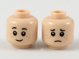 Light Nougat Minifig, Head Dual Sided Freckles and Black Eyebrows, Happy / Sad Pattern (Tim Murphy) - Stud Recessed