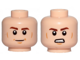 Light Nougat Minifig, Head Dual Sided Brown Eyebrows, Cheek Lines, Chin Dimple, Smiled / Angry Pattern - Stud Recessed