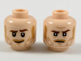 Light Nougat Minifig, Head Dual Sided Medium Nougat Sideburns, Moustache, and Stubble, Raised Left Eyebrow, Smile / Firm Expression Pattern