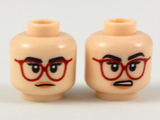 Light Nougat Minifig, Head Dual Sided Female Black Eyebrows, Red Glasses, Peach Lips, Neutral / Surprised Expression Pattern - Stud Recessed