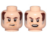 Light Nougat Minifig, Head Dual Sided Dark Brown Eyebrows, Brown and Gray Sideburns, Stubble, Mouth Close / Open Pattern (SW Wuher) - Stud Recessed