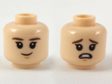 Light Nougat Minifig, Head Dual Sided Female Reddish Brown Eyebrows, Grim / Scared Pattern - Stud Recessed