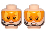 Light Nougat Minifig, Head Female Dual Sided Brown Eyebrows, Orange Visor, Chin Strap, Headset, Smile / Angry Pattern - Stud Recessed