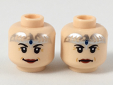 Light Nougat Minifigure, Head Dual Sided Female Silver Tiara with Blue Stone, Dark Red Lips, Smile / Slight Frown Pattern - Hollow Stud