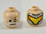 Light Nougat Minifigure, Head Dual Sided, White Eyebrows and Beard, White Left Eye with Slash Scar / Silver Mask with Yellow and Orange Visor Pattern - Hollow Stud