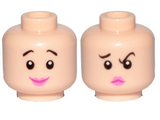 Light Nougat Minifigure, Head Dual Sided Female, Black Eyebrows, Pink Lips, Smile / Concerned Pattern (Wilma Flintstone) - Hollow Stud