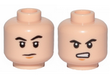Light Nougat Minifigure, Head Dual Sided Black Eyebrows, Chin Dimple, Frown / Angry Pattern - Hollow Stud