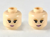 Light Nougat Minifigure, Head Dual Sided Female Medium Nougat Eyebrows and Freckles, Pink Lips, Neutral / Small Smirk Pattern - Hollow Stud