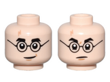 Light Nougat Minifigure, Head Dual Sided Medium Nougat Lightning Scar, Black Eyebrows and Glasses, Smile / Angry Pattern - Hollow Stud